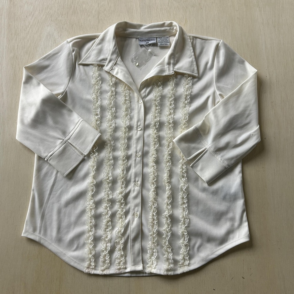 Vintage Kathy Ireland Shirt Womens Large White Ruffle Front 3/4 Sleeve Button Up - Picture 1 of 6